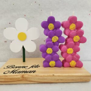 Rangée de fleurs Violette et Rose fushia et son socle en bois