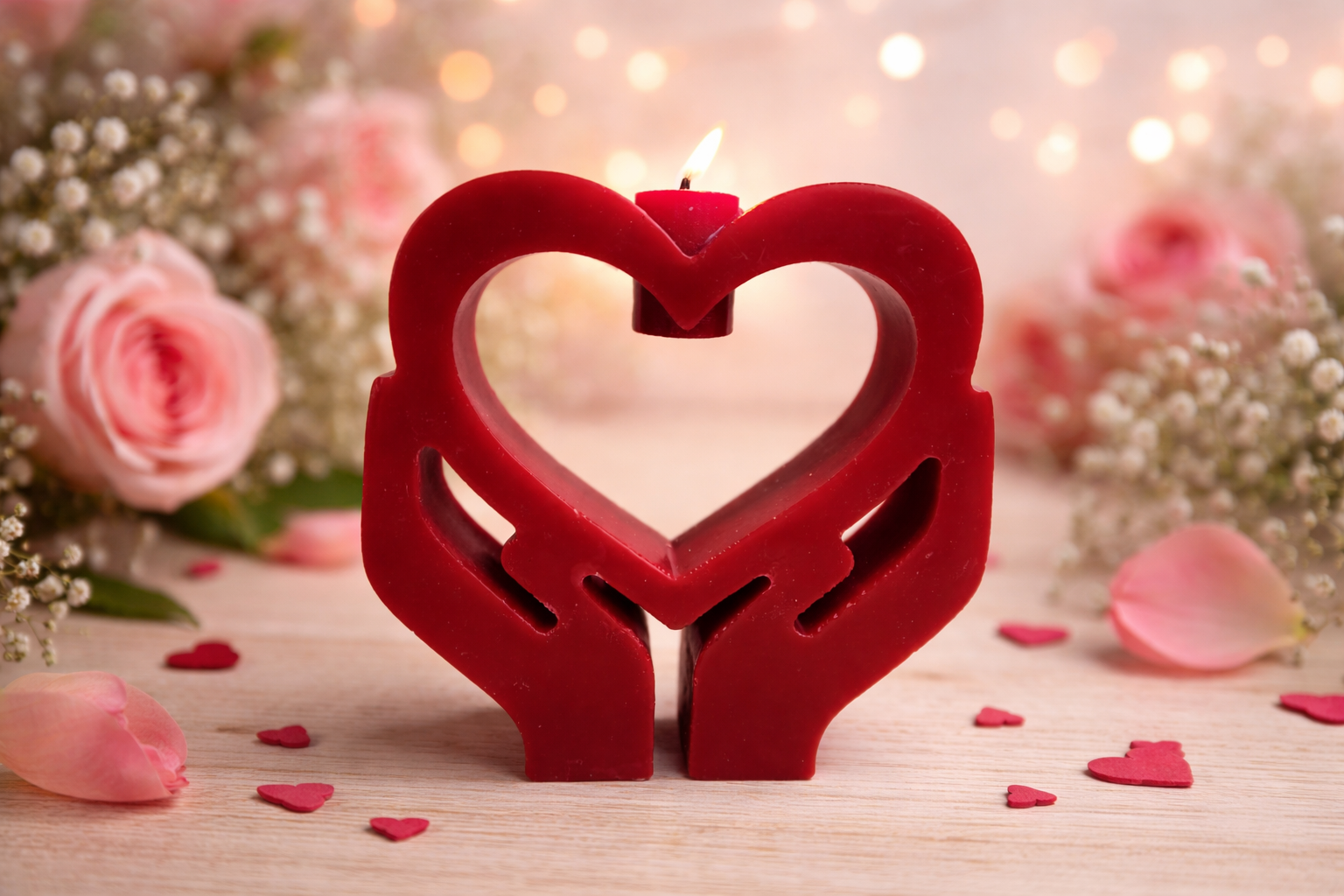 Bougie Saint-Valentin cœur tenu par des mains, création artisanale française