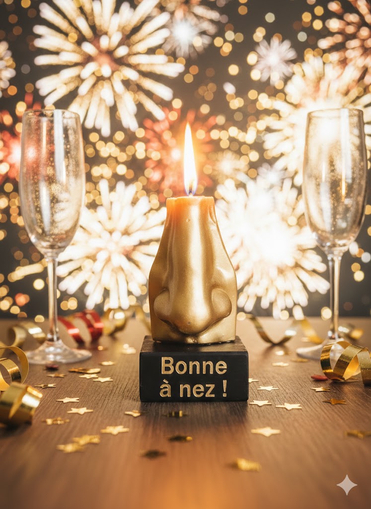 Bougie insolite nez doré allumée “Bonne à nez” sur socle noir avec flûtes de champagne et feux d’artifice en arrière-plan