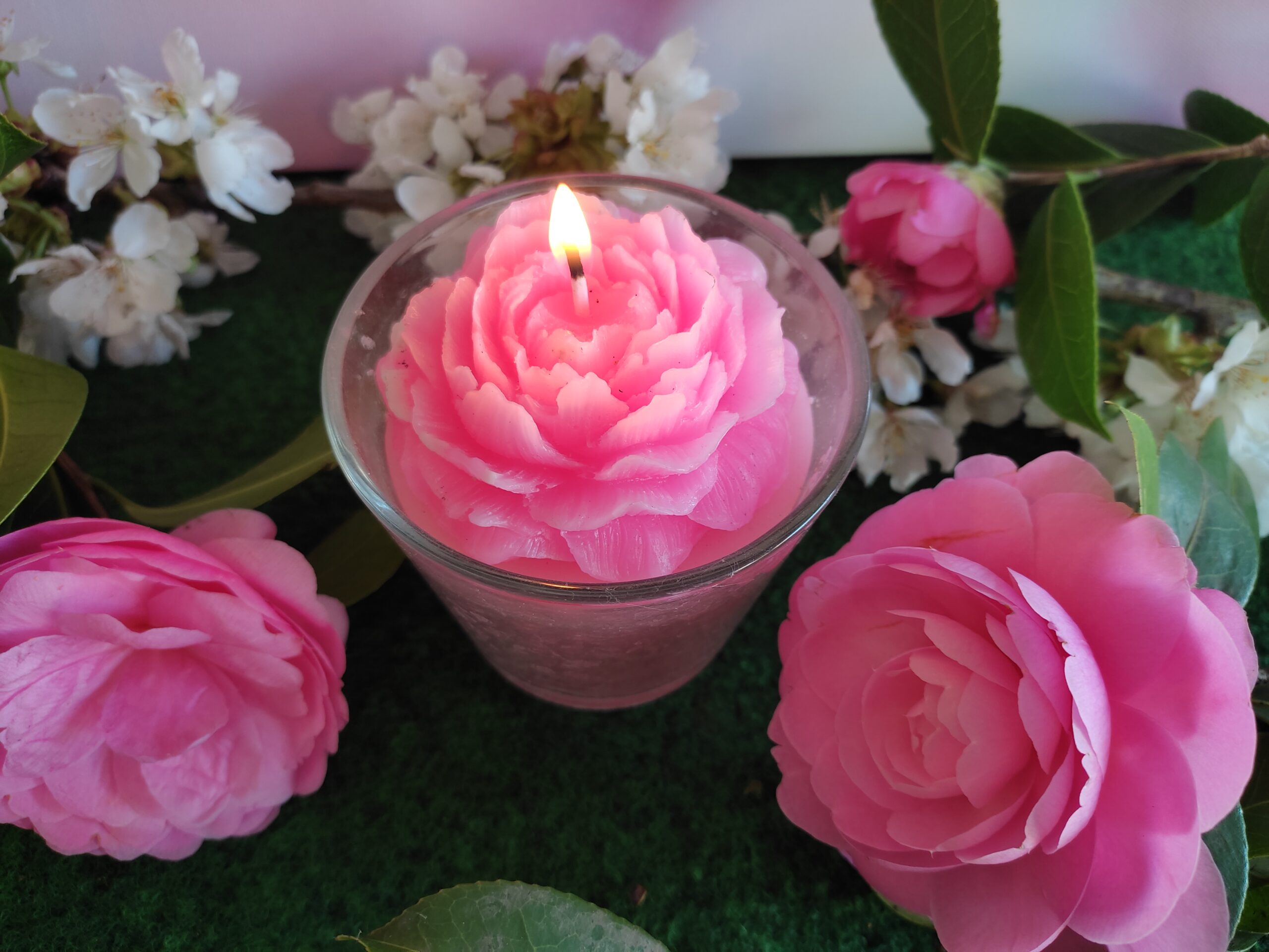 Bougie fleur rose fluo dans sa verrine – Image 2