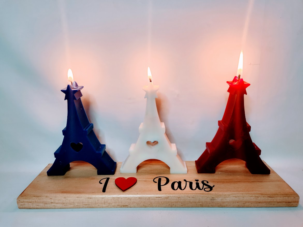 Bougies tour eiffel bleu blanc rouge sur socle bois I love paris – Image 1