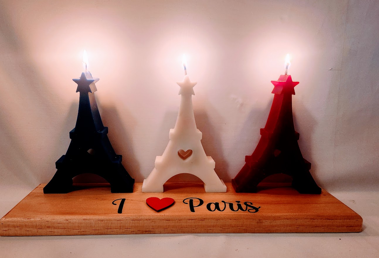 Bougies tour eiffel bleu blanc rouge sur socle bois I love paris – Image 2
