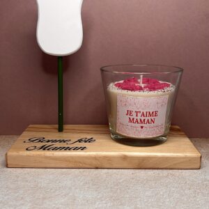 Bougie Nœud rose fushia et son socle en bois