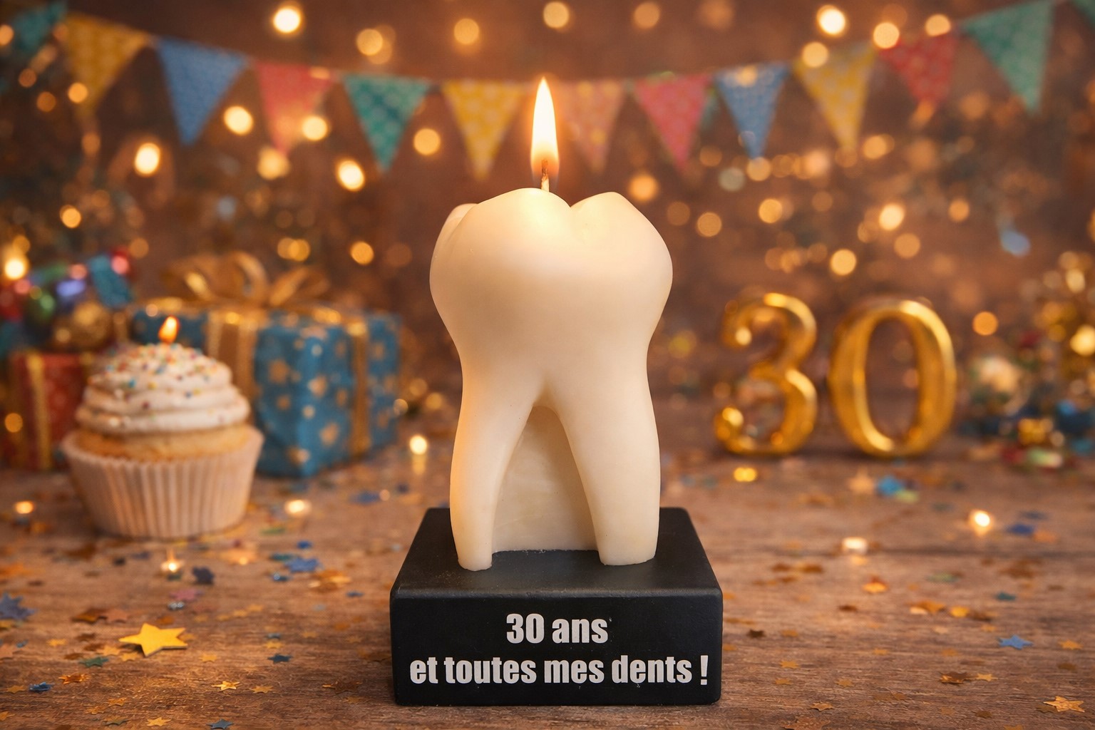 Bougie anniversaire originale en forme de dent allumée avec inscription "30 ans et toutes mes dents" sur fond festif