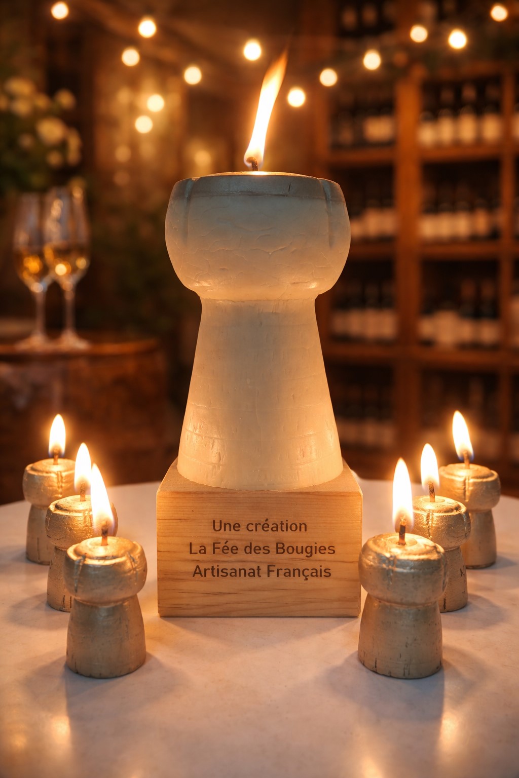 Ensemble de bougies artisanales : un bouchon de champagne géant sur socle personnalisé et six mini bouchons dorés. Cadeau d'entreprise de luxe et décoration originale en cire végétale, fabrication française.