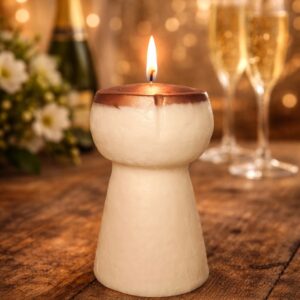 Gros plan sur une bougie artisanale réaliste en forme de bouchon de champagne en liège, avec le détail du muselet en fil de fer et la mèche