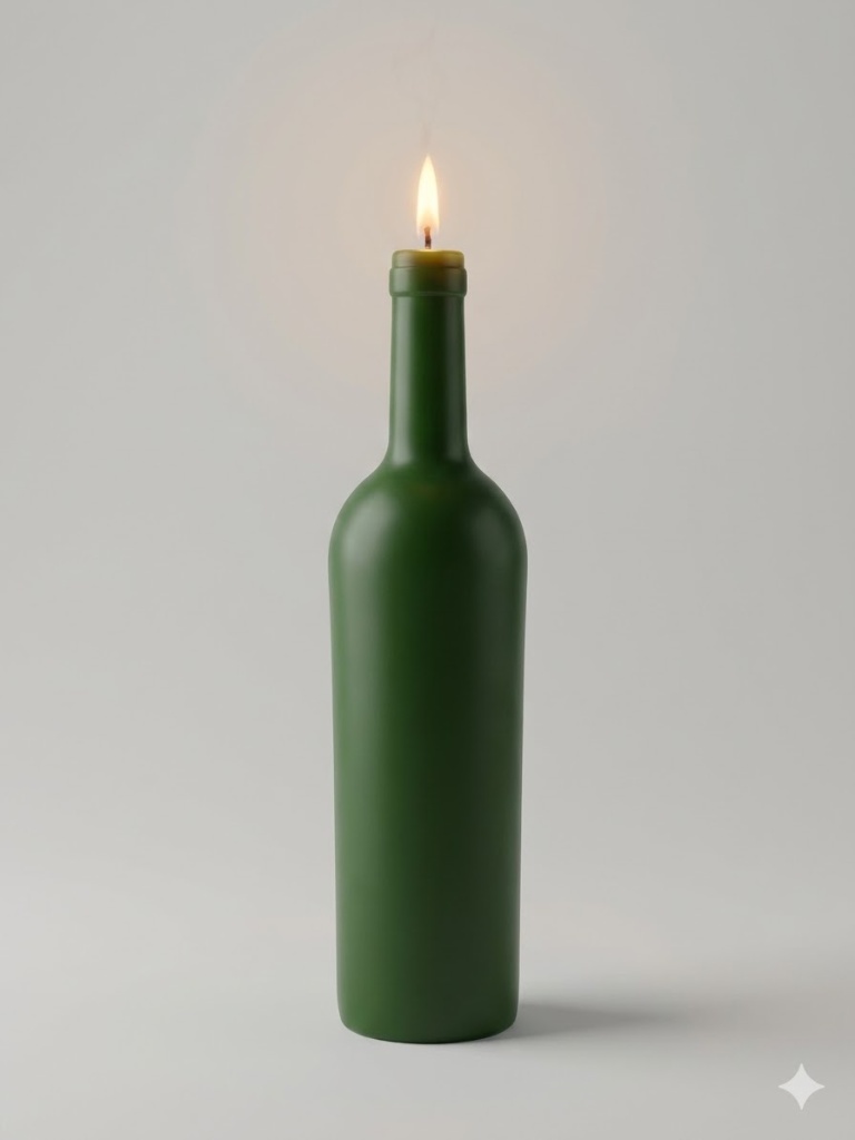 Grande bougie artisanale (23 cm) réplique exacte d'une demi-bouteille de Bordeaux (verte) allumée sur fond neutre épuré.