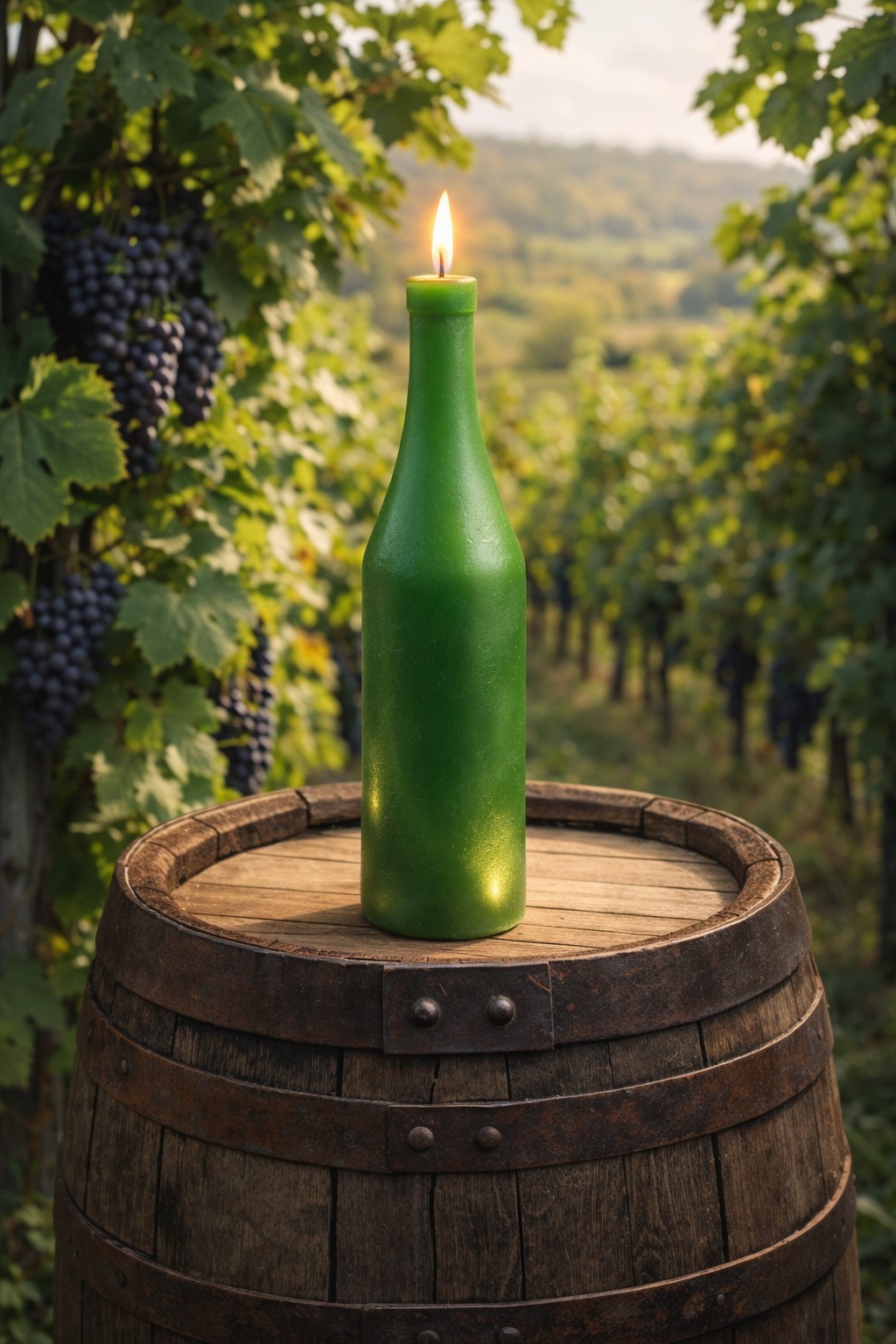 Bougie artisanale en forme de bouteille de Bourgogne (petit modèle) présentée sur un tonneau en bois.