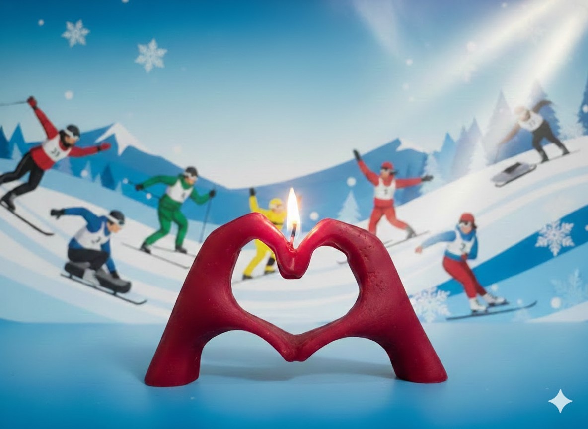 Bougie mains en cœur rouge sur fond de sports d'hiver.
