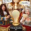 Bougie déco originale artisanale en forme d’ampoule de 13 cm, mise en scène façon Galerie des Glaces de Versailles, avec humour “C’est pas Versailles ici”