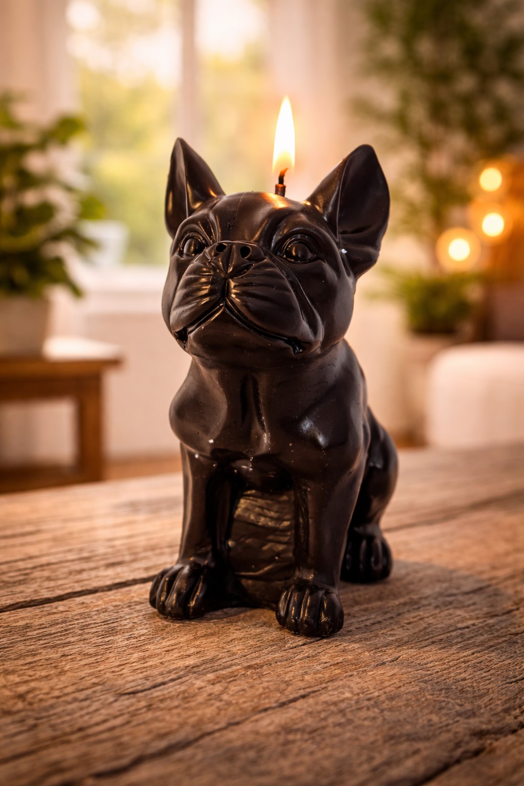Bougie noire artisanale Bouledogue Français exclusive - Création moulée La Fée des Bougies.