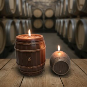 Duo de bougies artisanales en forme de tonneaux de vin allumées dans une cave à barriques à Bordeaux