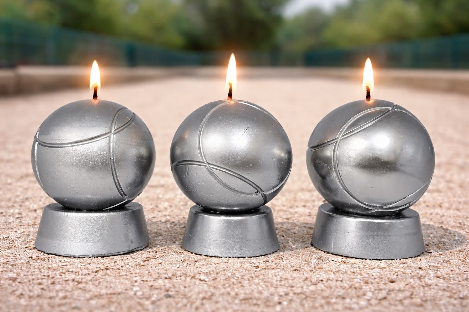 Trois bougies en forme de boules de pétanque métalliques allumées sur terrain de pétanque