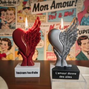 Bougies insolites avec cœurs ailés et inscriptions humoristiques Toujours fou d'elle et L'amour donne des ailes sur fond rétro