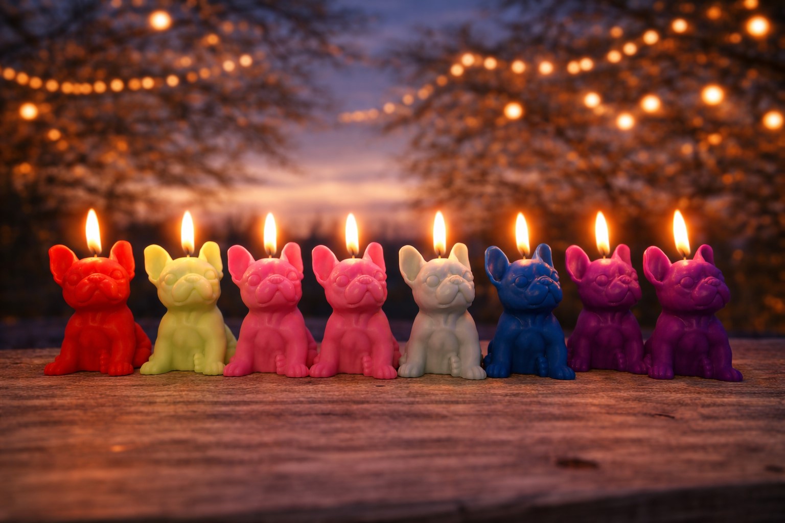 6 bougies artisanales exclusives Bouledogue Français colorées et allumées - Création La Fée des Bougies.
