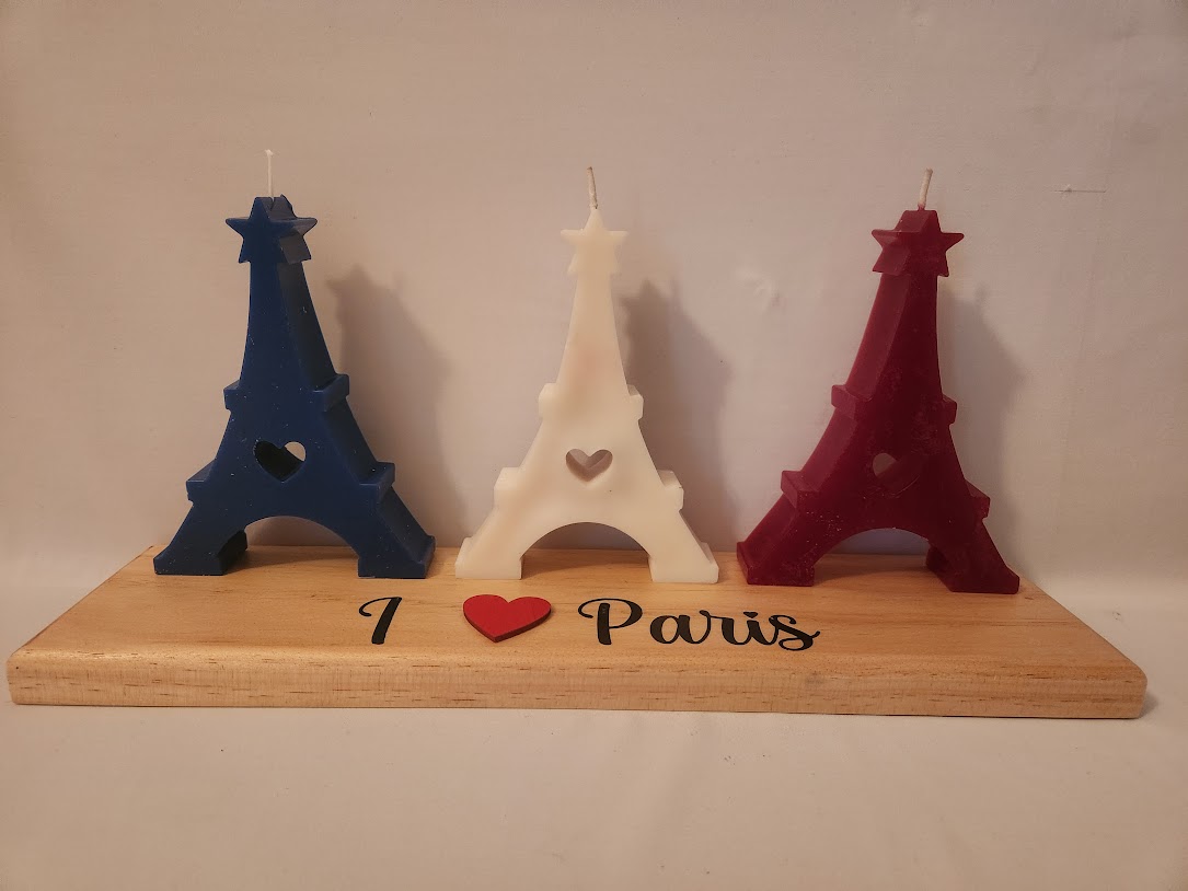 Bougies tour eiffel bleu blanc rouge sur socle bois I love paris – Image 3